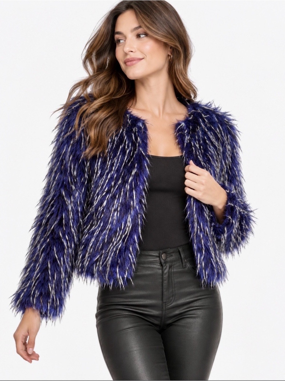 Raga Navy Shaggy Faux Fur Frost Tip Jacket Coat XS Bohemian Festival